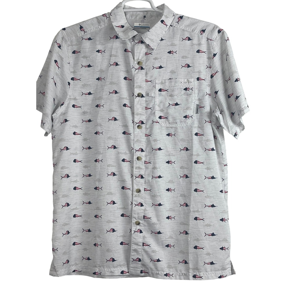 00708 Columbia Sportswear Mens SS Fishing Shirt Omni Shade Fish Print Size M